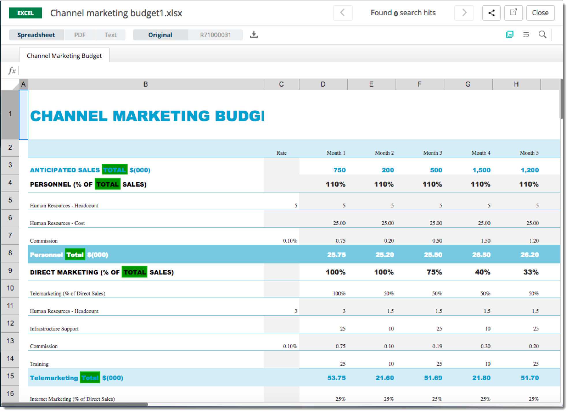 Instances of Total highlighted in green within the spreadsheet