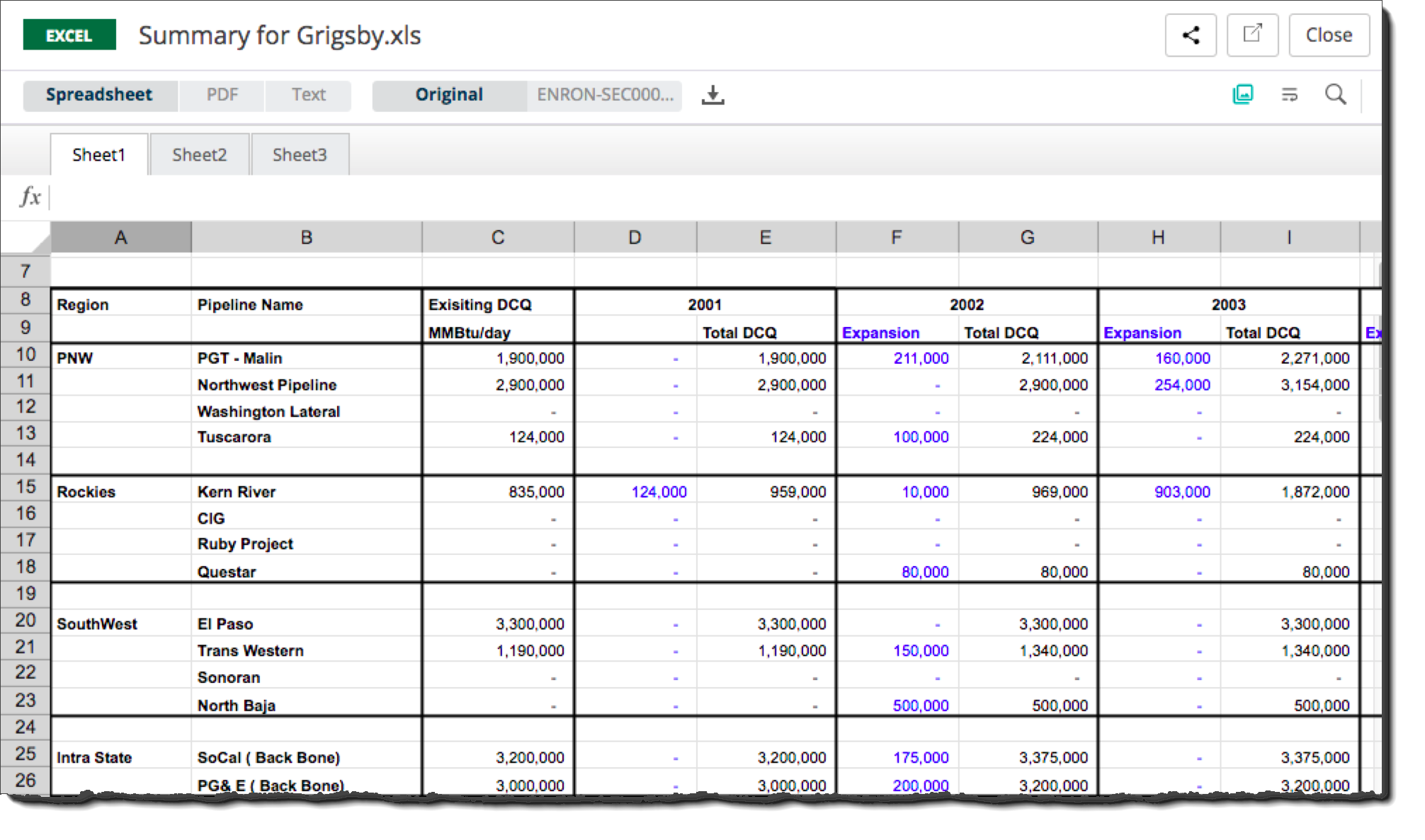 Spreadsheet viewer showing lettered columns and numbered rows