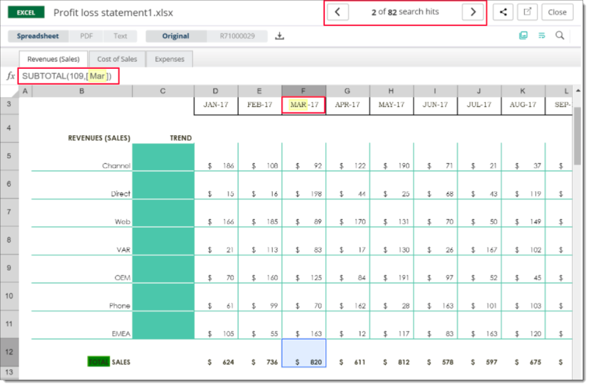 Search hits highlighted within the spreadsheet