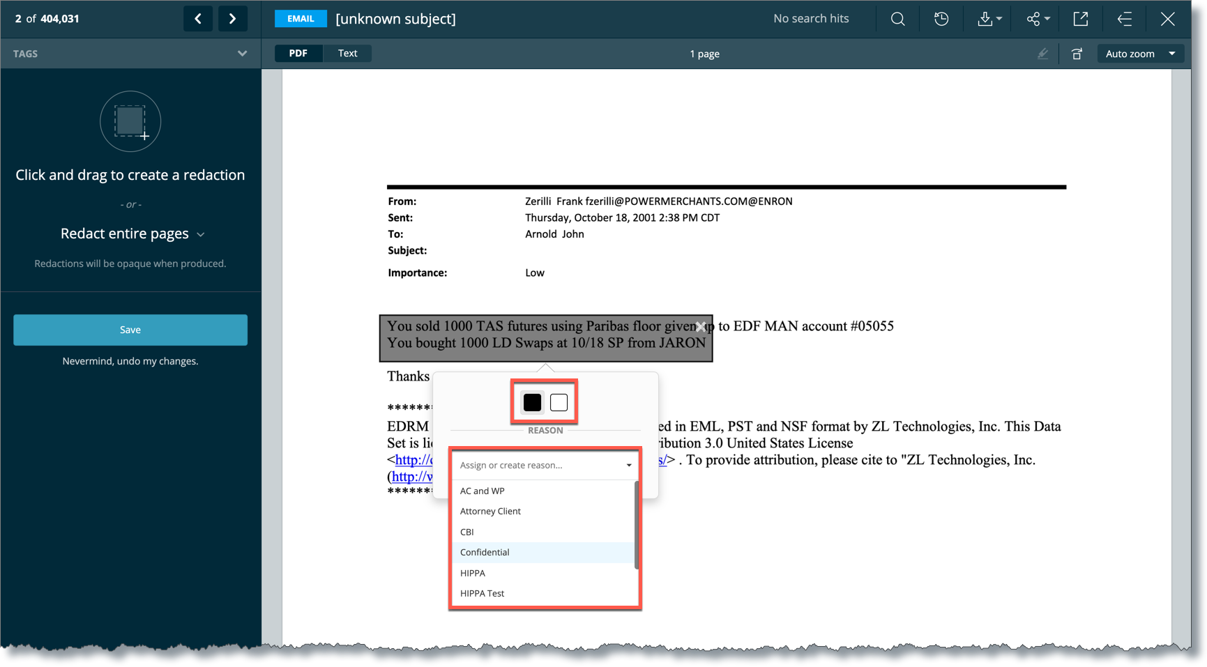 Redaction reason dropdown showing available reasons