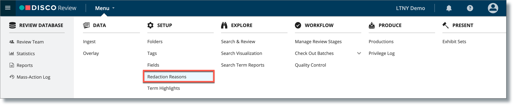 Redaction Reasons page in the main menu