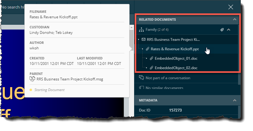 Related Documents sidebar showing family members with hover details