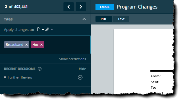 Recent Decisions section showing previously applied tags and notes